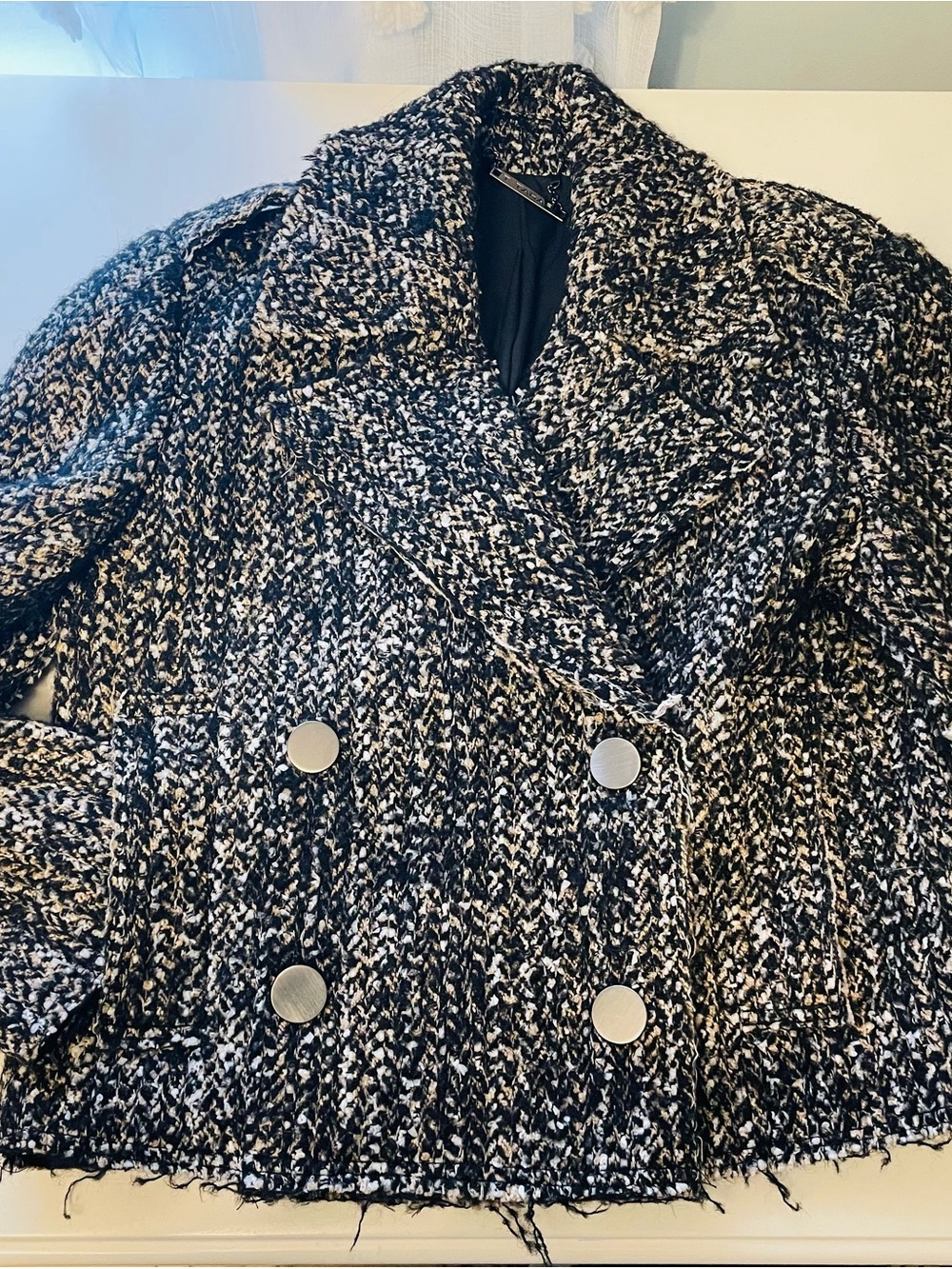 T Tahari Black and White Tweed Double-Breasted Pea Coat
